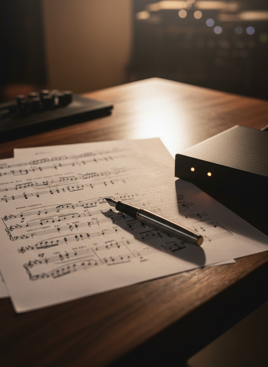 An elegant close-up of glossy printed film score pages spread across a dark walnut table, with intricate orchestral notation and carefully marked cues clearly visible. A weighted fountain pen with a brushed metal finish rests diagonally across the main page, next to a small, discrete digital audio interface with softly glowing indicator lights. Soft, warm overhead lighting casts gentle, elongated shadows from the pen and pages, emphasizing the texture of the paper and ink. Photographic realism, captured from a slightly elevated angle with a shallow depth of field, leaving the far background softly blurred. The atmosphere is refined, meticulous, and professional, highlighting the craft of film composition and attention to detail.