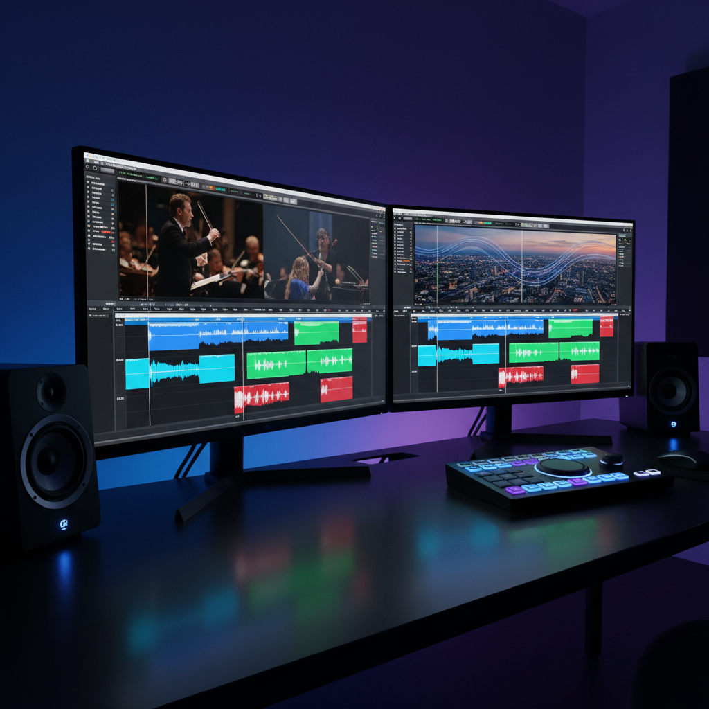 A cinematic editing timeline displayed across dual high-resolution monitors, each showing synchronized film footage and audio tracks with colored regions and timecodes. The monitors sit on a minimalist matte-black desk, flanked by compact reference speakers and a small control surface with glowing backlit buttons. A subtle reflection of the timelines appears on the desk’s surface. Dim, cool-toned ambient studio lighting contrasts with the bright monitors, casting a faint blue tone over the surrounding equipment. Photographic realism, captured from a slight side angle emphasizing depth of the desk and screens. The atmosphere is focused and technical, conveying precision and the intricate process of syncing original compositions to picture.