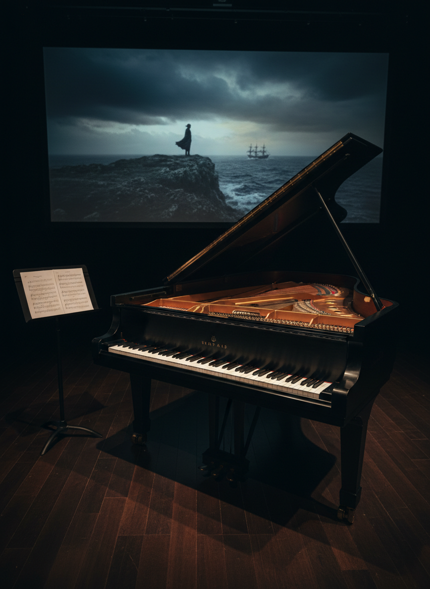 A grand piano in matte black finish with its lid partially open, revealing strings and hammers in precise detail, positioned in front of a large projection screen displaying a frozen frame from a dramatic film scene. The piano rests on a polished dark hardwood floor, with a few scattered, marked score pages on a nearby minimalist stand. Soft, directional stage lighting from above creates a focused glow on the piano keys and strings, casting deliberate shadows that enhance depth. Photographic realism, captured from a three-quarter angle that showcases both the instrument and the screen. The mood is cinematic, focused, and slightly anticipatory, as if poised for a live film score performance.
