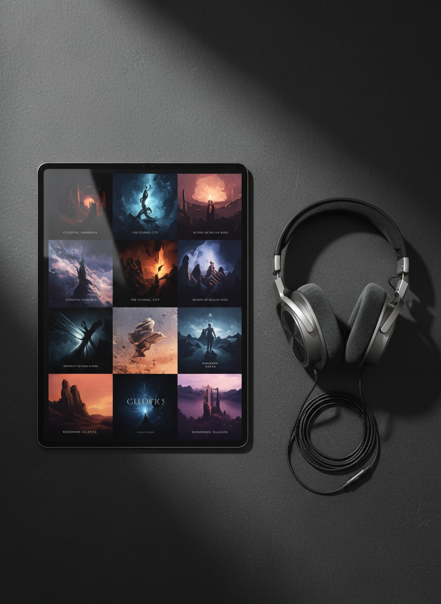 A clean, modern grid of digital album covers displayed on a slim, bezel-less tablet lying flat on a textured charcoal desk surface. Each cover represents a different film score, with abstract, cinematic artwork and subtle typography. Beside the tablet, a pair of high-end closed-back studio headphones with velvety ear cushions and brushed metal arms rest neatly, their cable gently coiled. Cool, diffused daylight from an unseen window washes across the scene, creating soft reflections on the tablet glass and gentle shadows beneath the headphones. Photographic realism, top-down composition with sharp focus and minimal clutter. The mood is organized, polished, and contemporary, ideal for showcasing a film composer’s selected works section.